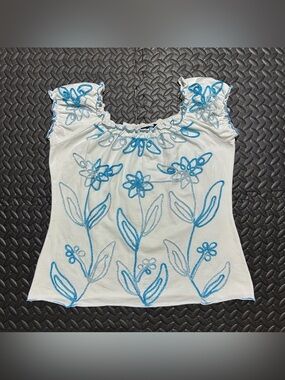 Once Again Floral Embroidery Blouse Artsy Ruffle Botanical White Womens Medium